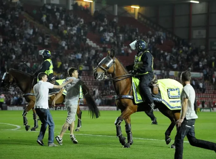 Framed Print : Bristol Derby Chaos: Fan Attacks Police Horse at Ashton Gate Framed Print : Bristol Derby Chaos: Fan Attacks Police Horse at Ashton Gate