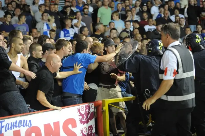 Framed Print : Bristol Derby Clash: Riot Police Intervene Between Fans at Ashton Gate (Johnstone Paint Trophy 1st Round, 2013) Framed Print : Bristol Derby Clash: Riot Police Intervene Between Fans at Ashton Gate (Johnstone Paint Trophy 1st Round, 2013)