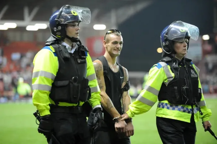 Framed Print : Bristol Derby: Fan Removed by Riot Police during Bristol City vs. Bristol Rovers (Johnstone Paint Trophy 1st Round)