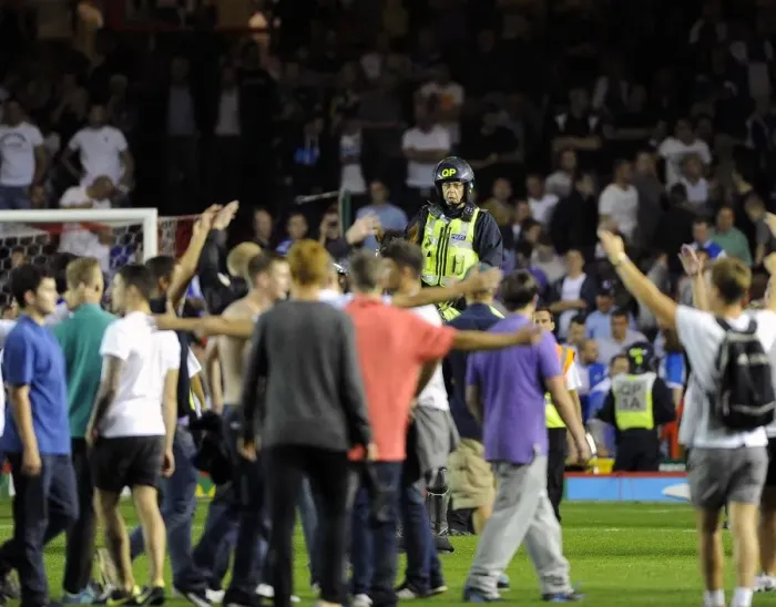 Framed Print : Bristol Derby: Fans Euphoria Disrupted by Police Horses during Bristol City vs. Bristol Rovers (Johnstone Paint Trophy)