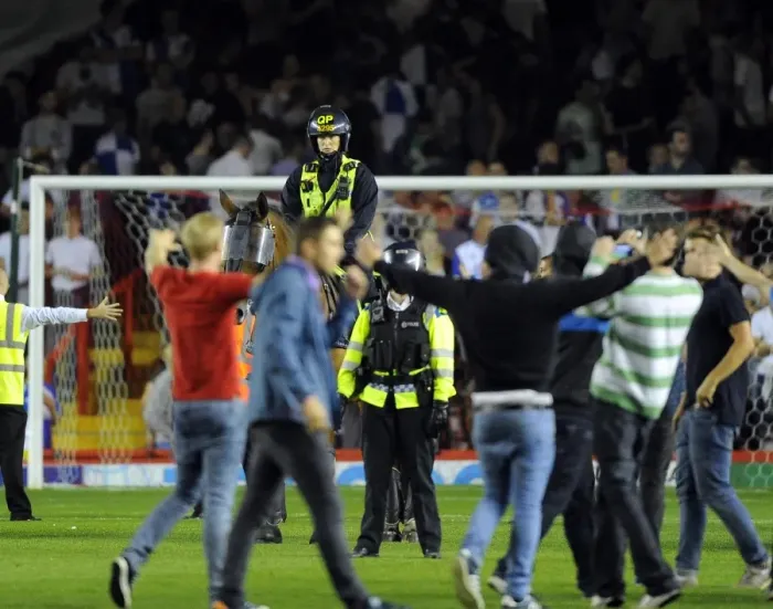 Framed Print : Bristol Derby: Fans Euphoria Halted by Police at Ashton Gate (Johnstone Paint Trophy 1st Round)