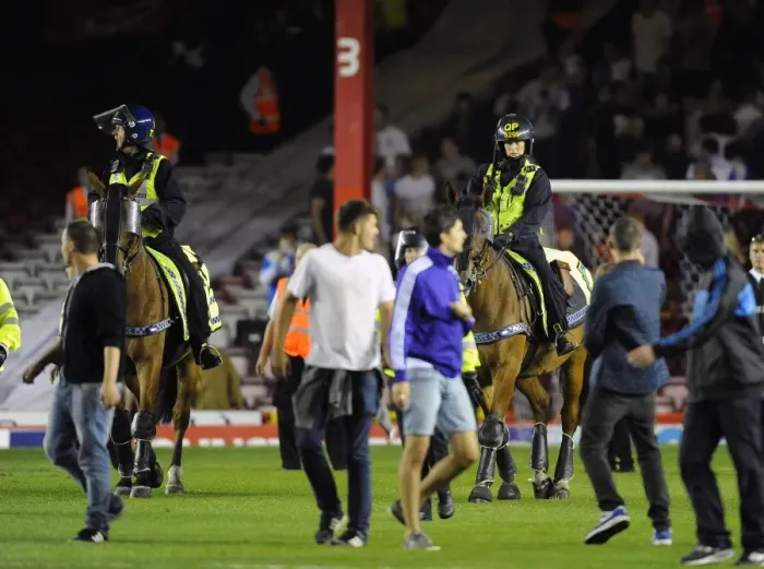 Framed Print : Bristol Derby: Fans Euphoria Halted by Police Horses Framed Print : Bristol Derby: Fans Euphoria Halted by Police Horses