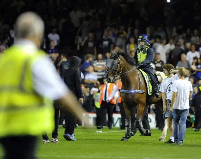 Framed Print : Bristol Derby: Fans Invasion at Ashton Gate Halted by Police Horses (Bristol City vs. Bristol Rovers, Johnstone Paint Trophy 1st Round)