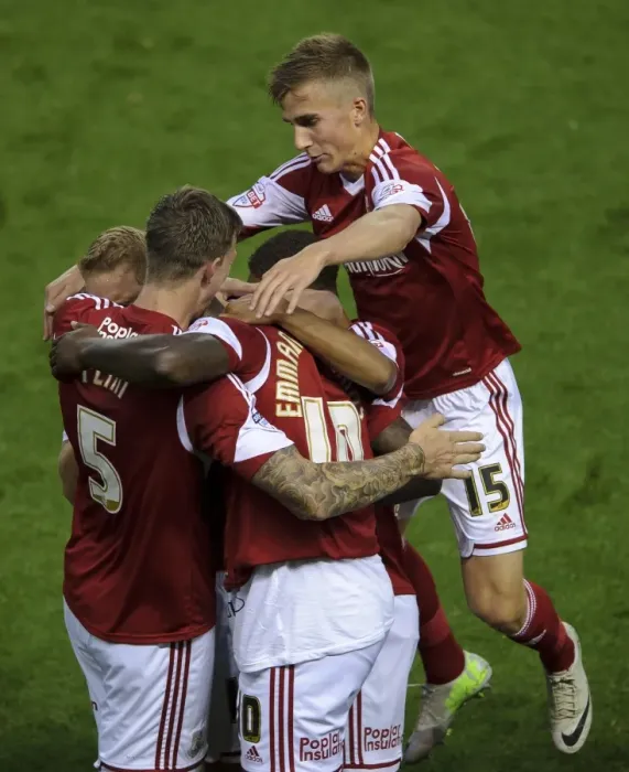Framed Print : Bristol Derby: Joe Bryan and Jay Emmanuel-Thomas Celebrate First-Half Goal for Bristol City against Bristol Rovers Framed Print : Bristol Derby: Joe Bryan and Jay Emmanuel-Thomas Celebrate First-Half Goal for Bristol City against Bristol Rovers