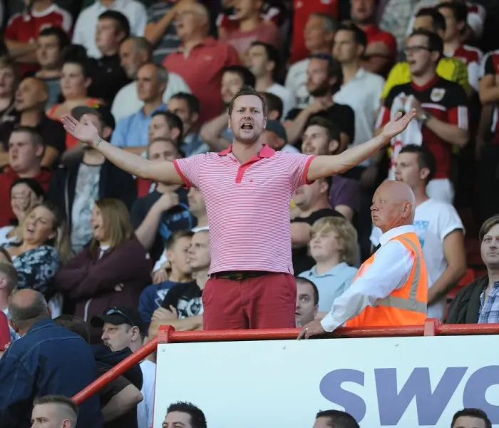 Framed Print : Bristol Derby: Passionate Fan at Ashton Gate during Bristol City vs. Bristol Rovers (Johnstone Paint Trophy 1st Round)