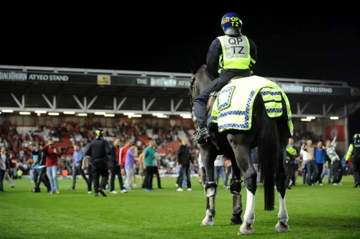 Framed Print : Bristol Derby: Police Horse Halts Fans from Rioting at Ashton Gate (Johnstone Paint Trophy 1st Round, 2013)