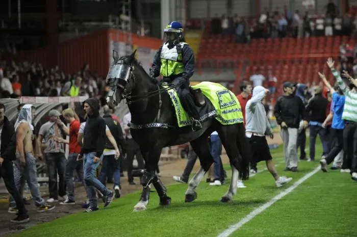 Framed Print : Bristol Derby: Police and Horses Clash in Johnstone Paint Trophy Match between Bristol City and Bristol Rovers (September 4, 2013)
