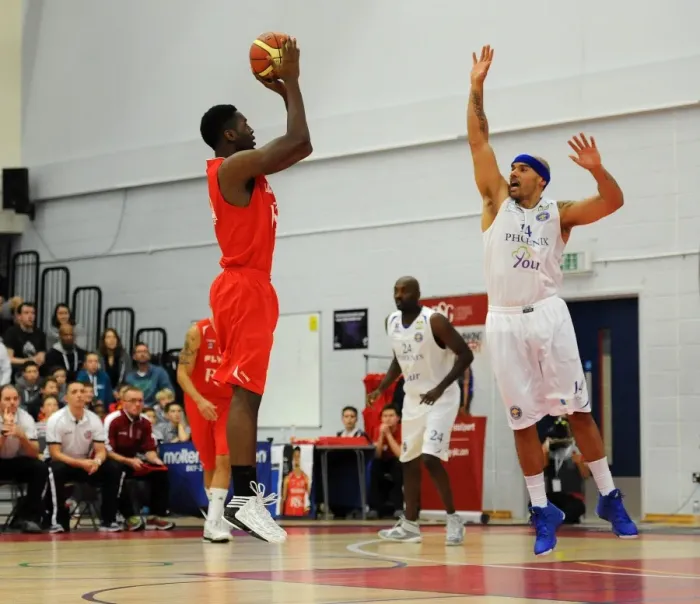 Framed Print : Bristol Flyers Alif Bland Takes Aim: Intense Basketball Action - Flyers vs Cheshire Phoenix Framed Print : Bristol Flyers Alif Bland Takes Aim: Intense Basketball Action - Flyers vs Cheshire Phoenix
