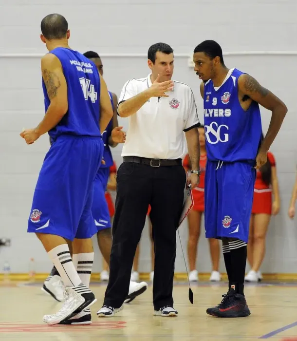 Framed Print : Bristol Flyers Basketball: Head Coach Andreas Kapoulas Consults with Doug Herring During Game Against Plymouth Raiders
