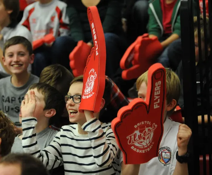 Framed Print : Bristol Flyers Fans Cheering at SGS Wise Campus during Basketball Game against Newcastle Eagles