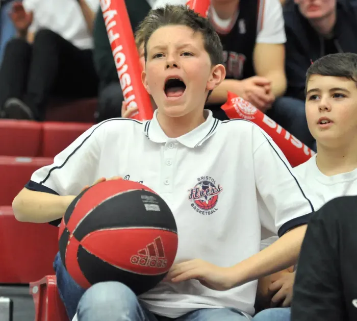 Framed Print : Bristol Flyers Fan's Passionate View: BBL Cup Semi-Final Showdown at SGS Wise Campus - Bristol Flyers vs. Glasgow Rocks
