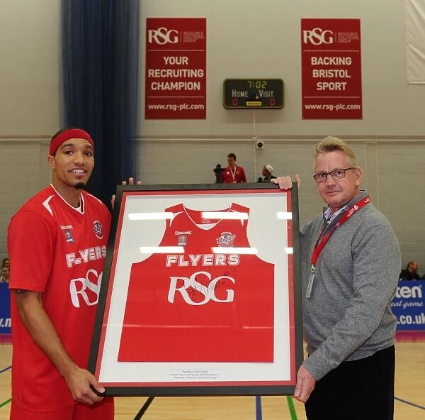 Bristol Flyers Greg Streete Presents Shirt to Opponents Surrey United - Basketball Action, 2014