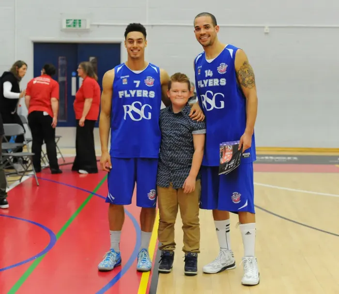 Framed Print : Bristol Flyers Roy and Doug McLaughlin-Williams with a Fan during Basketball Match against Sheffield Sharks Framed Print : Bristol Flyers Roy and Doug McLaughlin-Williams with a Fan during Basketball Match against Sheffield Sharks