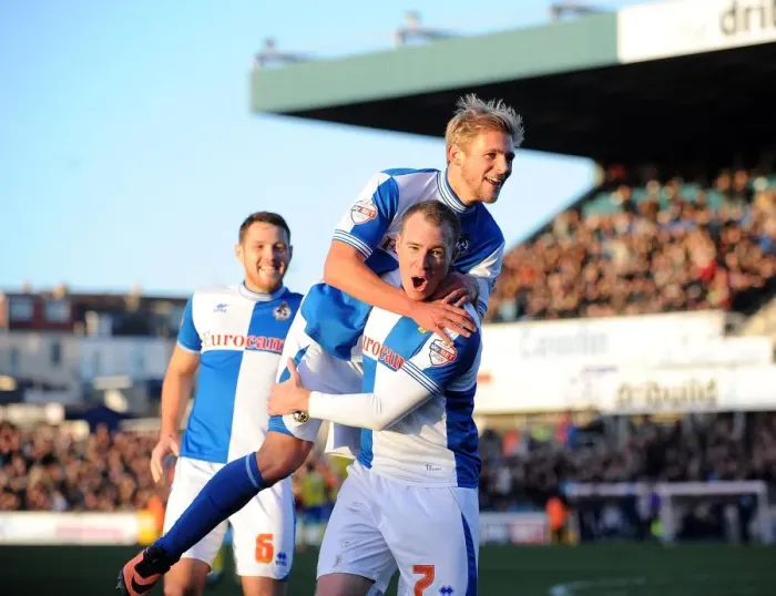 Framed Print : Bristol Rovers David Clarkson Celebrates Glory: Mitch Harding Joins In After Goal vs. AFC Wimbledon (2013)