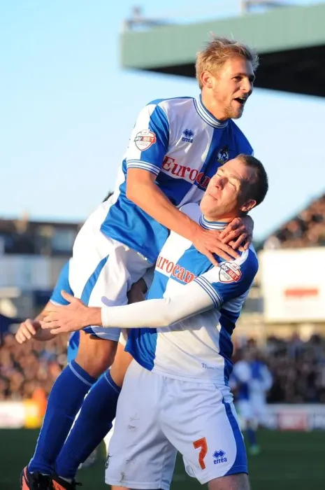 Framed Print : Bristol Rovers David Clarkson and Mitch Harding Celebrate Goal Against AFC Wimbledon, Sky Bet League Two, Memorial Stadium - November 2013 Framed Print : Bristol Rovers David Clarkson and Mitch Harding Celebrate Goal Against AFC Wimbledon, Sky Bet League Two, Memorial Stadium - November 2013