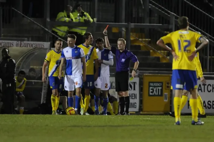 Framed Print : Bristol Rovers vs AFC Wimbledon: Sammy Moore's Red Card in Sky Bet League Two Clash at Memorial Stadium (November 2013) Framed Print : Bristol Rovers vs AFC Wimbledon: Sammy Moore's Red Card in Sky Bet League Two Clash at Memorial Stadium (November 2013)