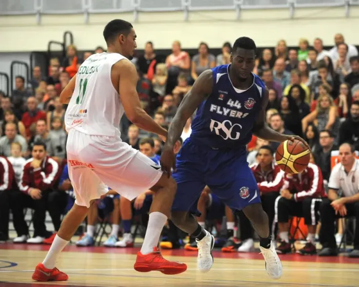 Framed Print : British Basketball League Showdown: Flyers vs. Raiders at SGS Wise Campus (September 2014) - Intense Action between Bristol Academy Flyers and Plymouth Uni Raiders