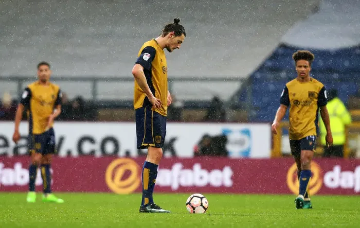 Framed Print : Burnley Strikes First: Dejected Bristol City Players Framed Print : Burnley Strikes First: Dejected Bristol City Players