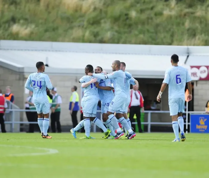 Framed Print : Callum Wilson's Double Strike: Coventry City's Celebration after 2-0 Goal vs. Bristol City (2013) Framed Print : Callum Wilson's Double Strike: Coventry City's Celebration after 2-0 Goal vs. Bristol City (2013)
