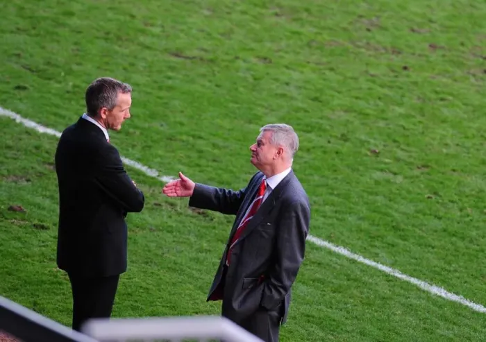Framed Print : Celebrating Bristol City's Hard-Fought 1-0 Championship Win over Peterborough: Keith Millen and Steve Lansdown Embrace Success (2010) Framed Print : Celebrating Bristol City's Hard-Fought 1-0 Championship Win over Peterborough: Keith Millen and Steve Lansdown Embrace Success (2010)
