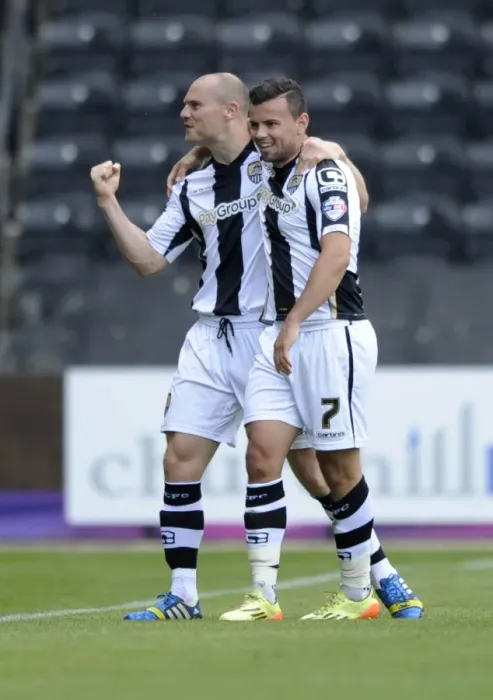 Framed Print : Celebrating Glory: Zeli Ismail and Gary Jones of Notts County Rejoice in Their Team's Goal Against Bristol City (August 31, 2014)