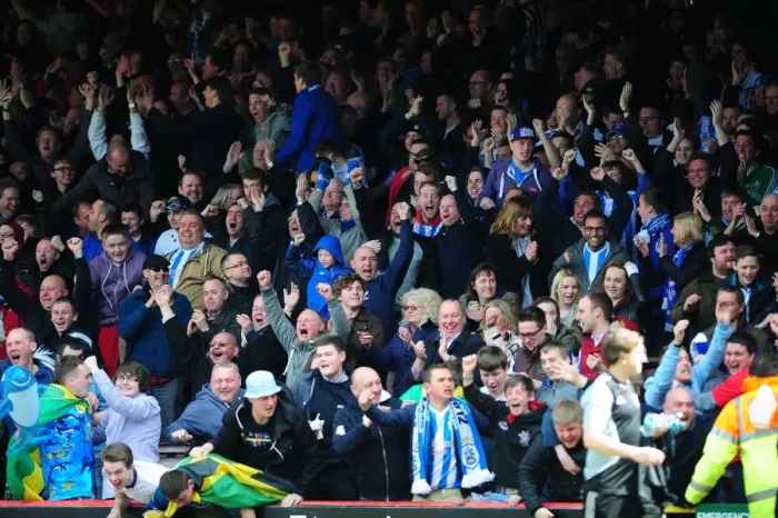 Framed Print : Celebrating the Opener: Thrilling Moment as Huddersfield Town Fans Erupt in Cheers at Ashton Gate, Bristol City vs Huddersfield Town, Npower Championship (2013)