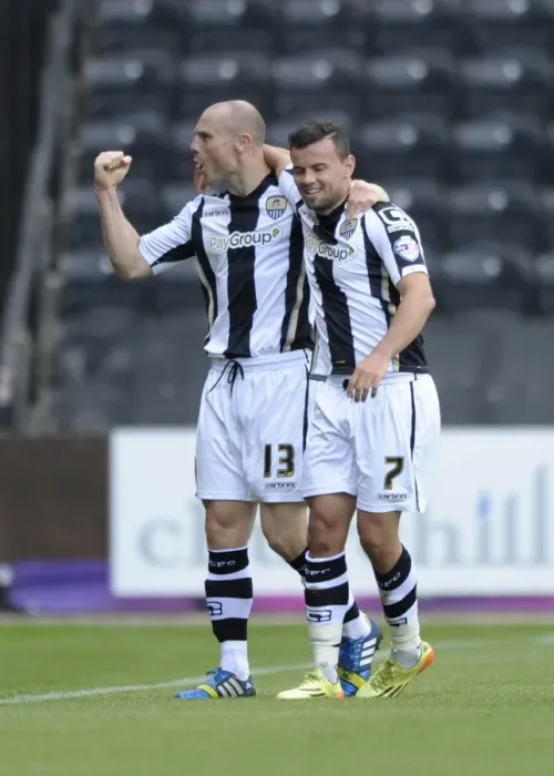 Framed Print : Celebrating Together: A Unique Moment between Zeli Ismail and Gary Jones during Notts County vs. Bristol City, August 2014 Framed Print : Celebrating Together: A Unique Moment between Zeli Ismail and Gary Jones during Notts County vs. Bristol City, August 2014