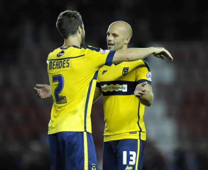 Framed Print : Celebrating Victory: Oxford United's Hunt and Meades Rejoice After Upset Win Against Bristol City Framed Print : Celebrating Victory: Oxford United's Hunt and Meades Rejoice After Upset Win Against Bristol City