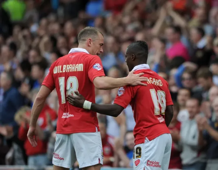 Framed Print : Celebration at Ashton Gate: Agard and Wilbraham Rejoice in Bristol City's Win over MK Dons