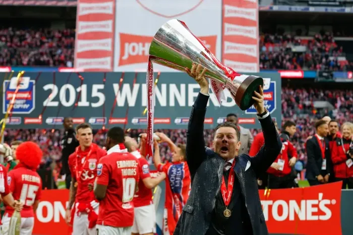 Framed Print : Champagne Moments: Steve Cotterill Lifts the Johnstones Paint Trophy after Bristol City's 2-0 Victory over Walsall Framed Print : Champagne Moments: Steve Cotterill Lifts the Johnstones Paint Trophy after Bristol City's 2-0 Victory over Walsall