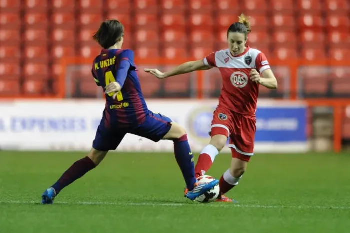 Framed Print : Champions Clash: Corinne Yorston vs. Marta Unzue in the Women's Champions League at Ashton Gate