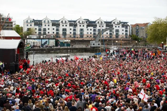 Framed Print : Champions Triumph: Throngs of Fans Celebrate Bristol City's League 1 and Johnstones Paint Trophy Titles with Open Top Bus Parade Framed Print : Champions Triumph: Throngs of Fans Celebrate Bristol City's League 1 and Johnstones Paint Trophy Titles with Open Top Bus Parade