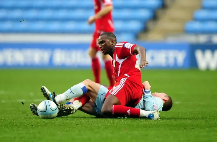 Framed Print : Championship Clash: McSheffrey Fouls Cisse (2011) - Coventry vs. Bristol City
