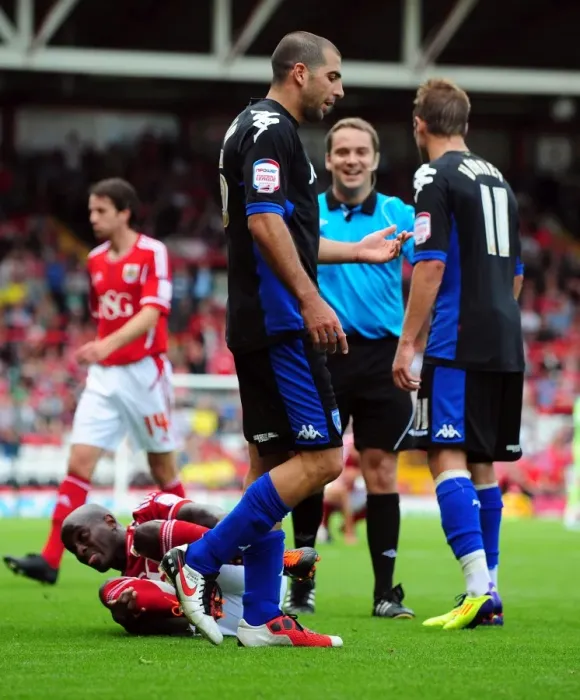 Framed Print : Championship Football: Tal Ben Haim of Portsmouth Yelled for Foul on Jamal Campbell-Ryce of Bristol City (August 2011) - Ben Haim Receives Yellow Card