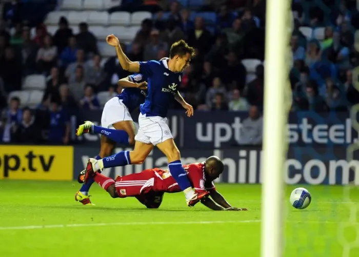 Framed Print : Championship Match: Leicester City vs. Bristol City (06 / 08 / 2011) - Penalty Controversy: Fernandes Fouls Campbell-Ryce