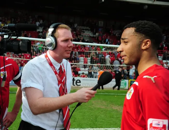 Framed Print : Championship Showdown: Nicky Maynard's Interview with Adam Baker from Bristol City Amidst the Tension Against Derby County, April 2010 Framed Print : Championship Showdown: Nicky Maynard's Interview with Adam Baker from Bristol City Amidst the Tension Against Derby County, April 2010