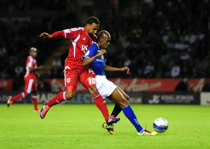 Framed Print : Championship Showdown: Maynard vs. Fernandes - Bristol City vs. Leicester City (06 / 08 / 2011) - Nicky Maynard vs. Gelson Fernandes Battle for Ball in Championship Clash Framed Print : Championship Showdown: Maynard vs. Fernandes - Bristol City vs. Leicester City (06 / 08 / 2011) - Nicky Maynard vs. Gelson Fernandes Battle for Ball in Championship Clash