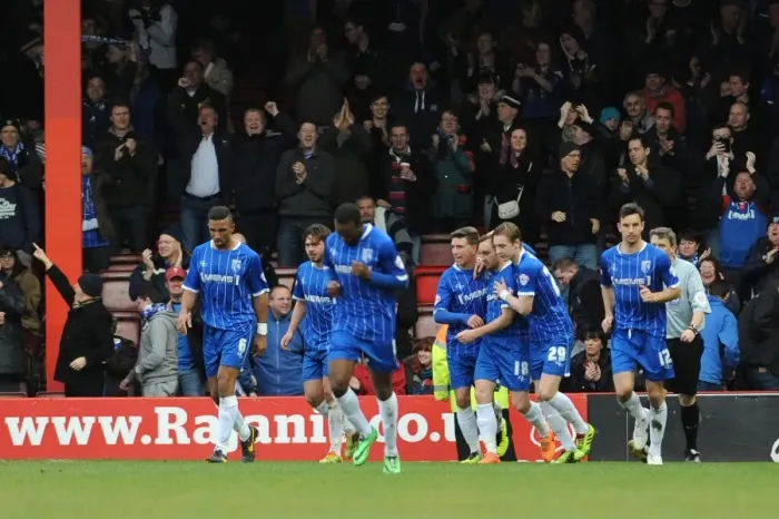Framed Print : Charlie Lee's Goal Celebration: Gillingham's Upset Win Against Bristol City (01 / 03 / 2014)