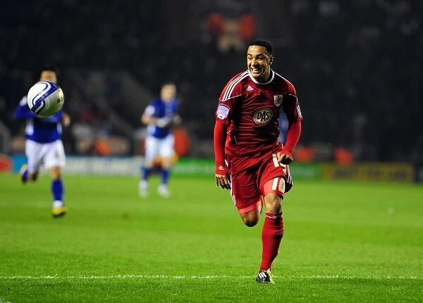 Chasing Glory: Nicky Maynard Pursues the Ball in Leicester City vs. Bristol City Championship Clash, 2011