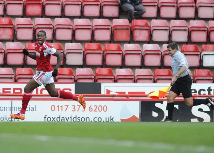 Framed Print : Chasing Shadows: Jay Emmanuel-Thomas and the Line Judge - A Football Drama at Ashton Gate Framed Print : Chasing Shadows: Jay Emmanuel-Thomas and the Line Judge - A Football Drama at Ashton Gate