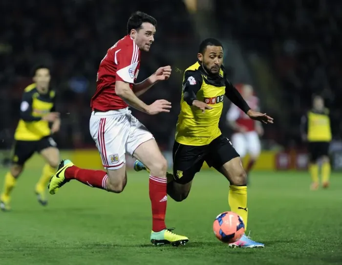 Framed Print : Chasing the Win: Intense Moment between Ikechi Anya and Brendan Moloney during Watford vs. Bristol City FA Cup Replay Framed Print : Chasing the Win: Intense Moment between Ikechi Anya and Brendan Moloney during Watford vs. Bristol City FA Cup Replay