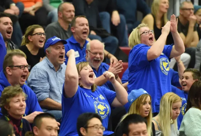 Framed Print : Cheshire Phoenix Fans Celebrate as Their Team Scores at SGS Wise Arena, Bristol Flyers Game Framed Print : Cheshire Phoenix Fans Celebrate as Their Team Scores at SGS Wise Arena, Bristol Flyers Game