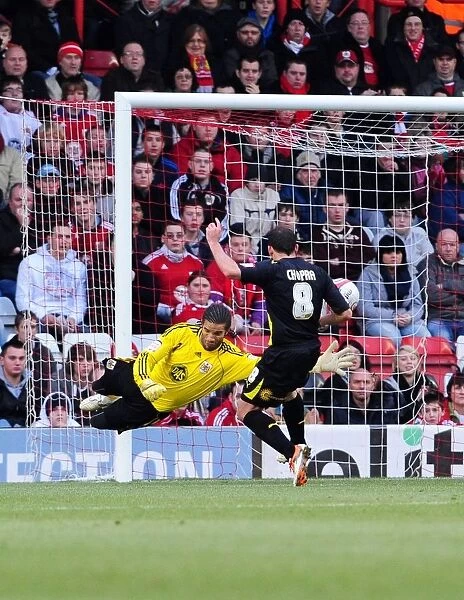 Chopra's Shot Over the Bar: A Tense Moment in the 2011 Championship Clash Between Bristol City and Cardiff City at Ashton Gate Stadium