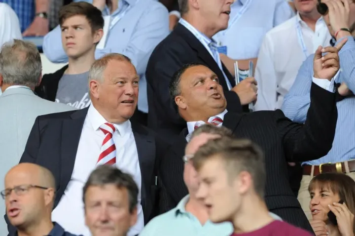 Framed Print : Chris Booy and Ernie Arathoon at Hillsborough Stadium: Bristol City's Chairman and Director Watch Sheffield Wednesday vs. Bristol City (August 8, 2015)