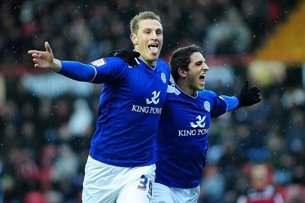 Chris Wood and Anthony Knockaert: Leicester City's Celebratory Moment after Scoring against Bristol City (12 / 01 / 2013)
