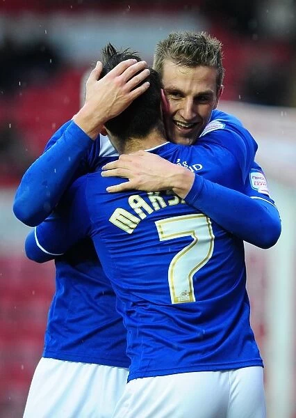 Chris Wood and Ben Marshall Celebrate Leicester City's Double Strike against Bristol City (Bristol City vs Leicester City, Championship)