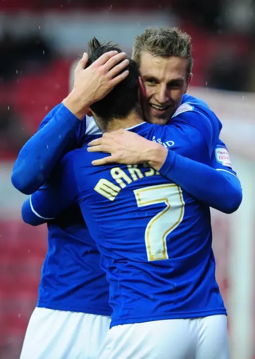 Framed Print : Chris Wood and Ben Marshall Celebrate Leicester City's Double Strike against Bristol City (Bristol City vs Leicester City, Championship)