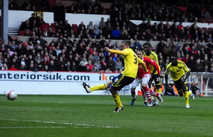 Framed Print : Chris Wood Scores Penalty for Bristol City Against Nottingham Forest, April 2012