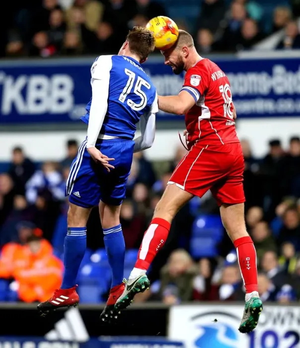 Framed Print : Clash at the Crossbar: Wilbraham vs. Webster in Intense Heading Duel during Ipswich Town vs. Bristol City Championship Match Framed Print : Clash at the Crossbar: Wilbraham vs. Webster in Intense Heading Duel during Ipswich Town vs. Bristol City Championship Match