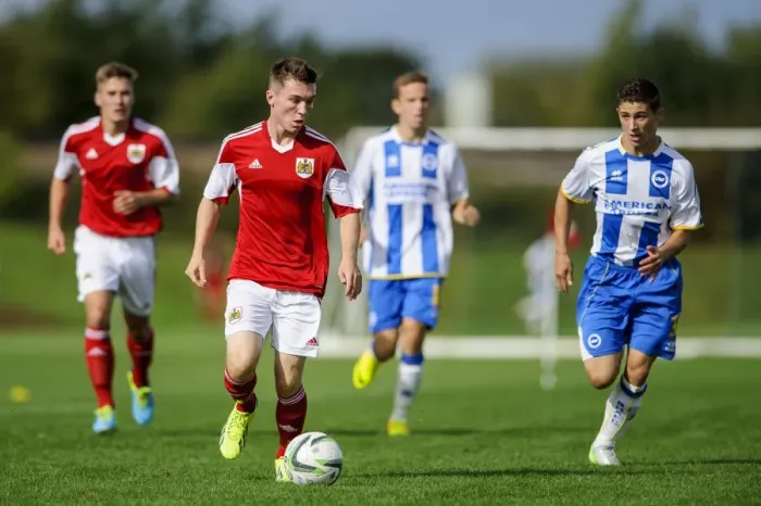 Framed Print : Clash of the Young Defenders: Jamie Horgan vs Dylan Barnett in Bristol City U18 vs Brighton & Hove Albion U18 Football Match